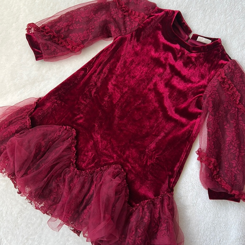 ML Kids red velvet special occasion dress w lace detail